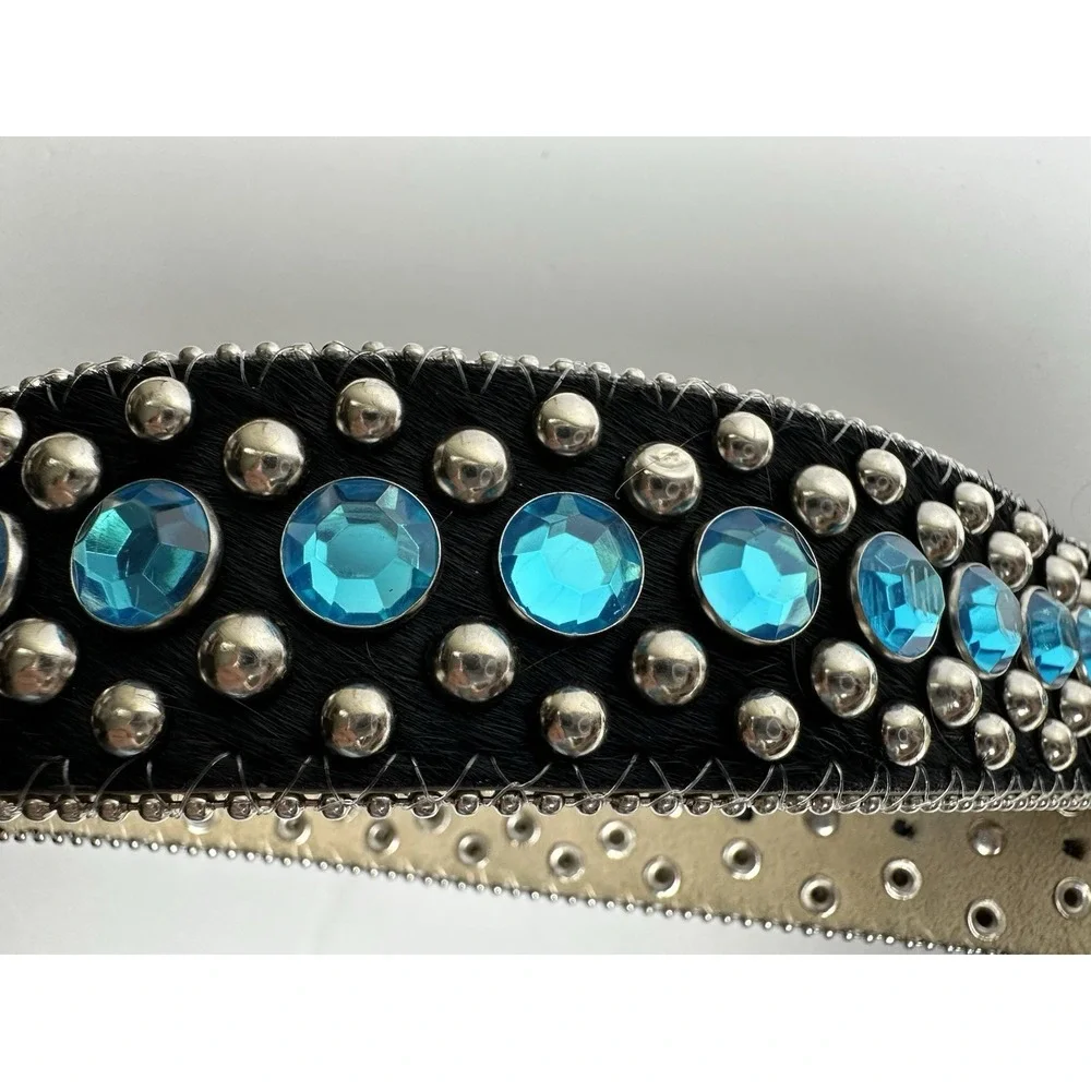 Western Hair On Hide Belt Size 24 Turquoise Studded Rhinestone Silver Buckle